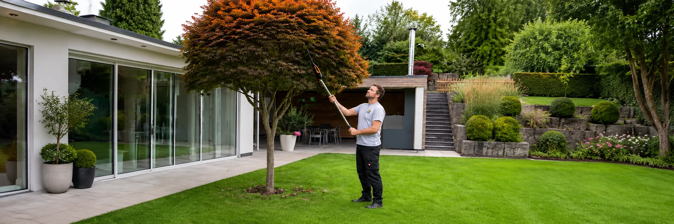 Mitarbeiter von Fehr Garten- und Landschaftsbau pflegt mit der Teleskopschere einen Baum im Garten