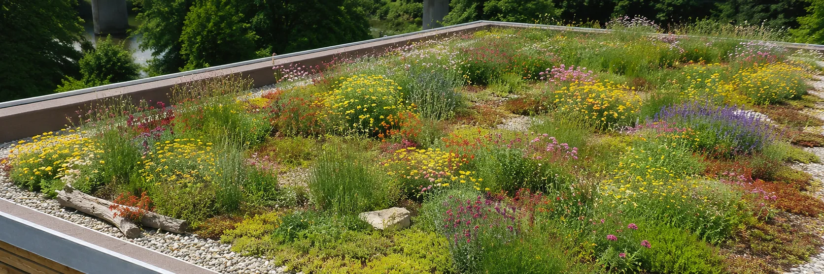 Blühende extensive Dachbegrünung mit Sedum, Kräutern und Gräsern auf einem Flachdach