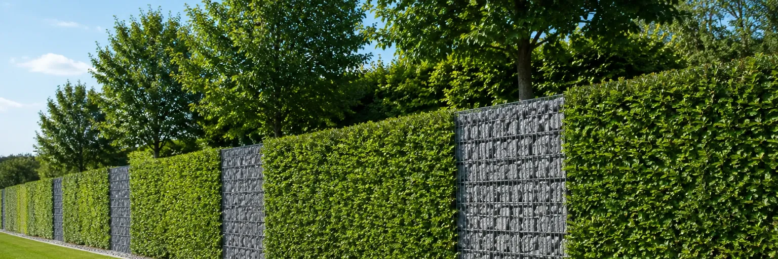 Akkurat geschnittene Laubhecke mit Gabionen-Säulen als Sichtschutz entlang einer gepflegten Rasenfläche