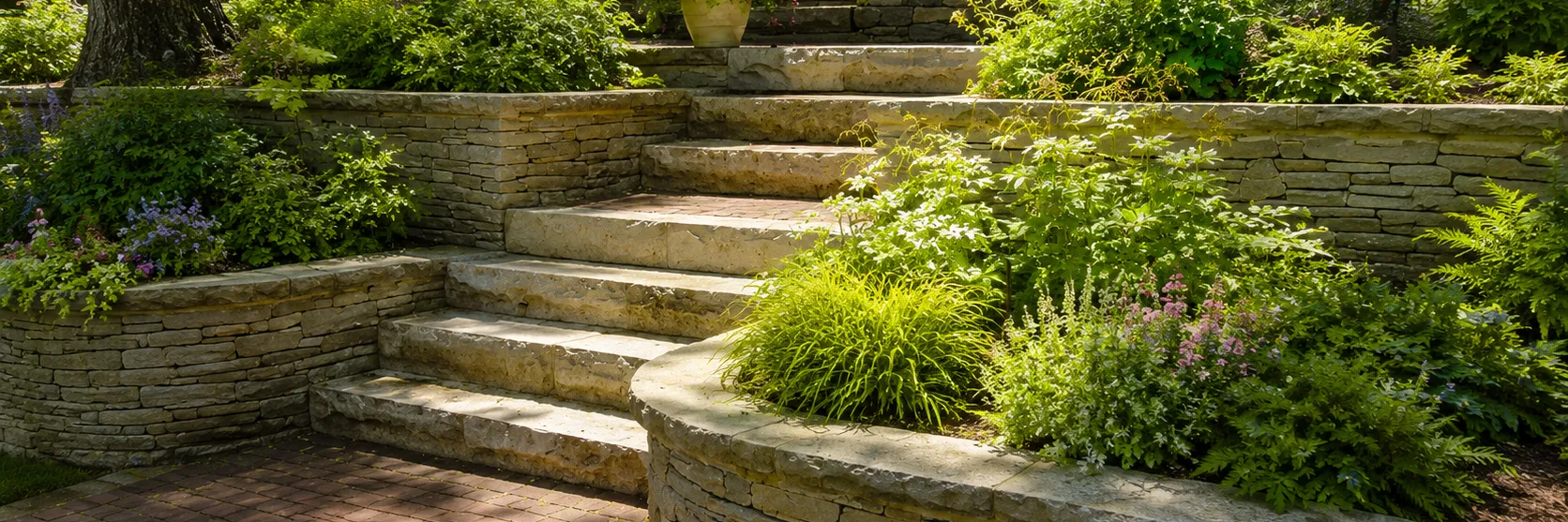 Natursteintreppe mit Blockstufen zwischen geschwungenen Trockenmauern in einem bepflanzten Hanggarten
