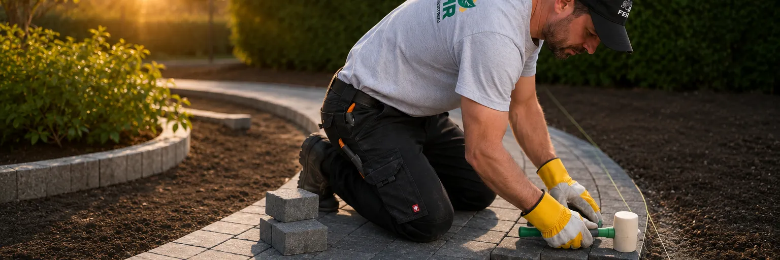 Mitarbeiter von Fehr Garten- und Landschaftsbau verlegt Pflastersteine für einen Gartenweg bei Sonnenuntergang
