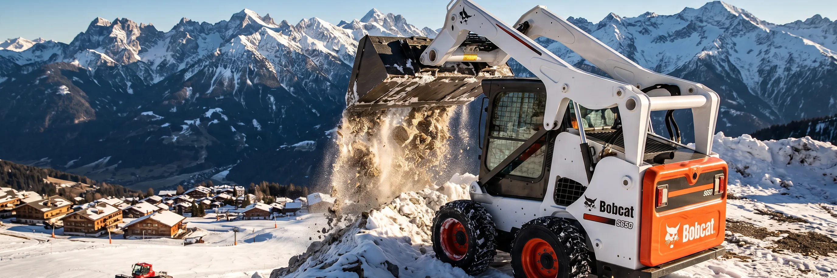 Bobcat-Radlader räumt Schnee auf einem Bergrücken vor verschneitem Allgäuer Bergpanorama