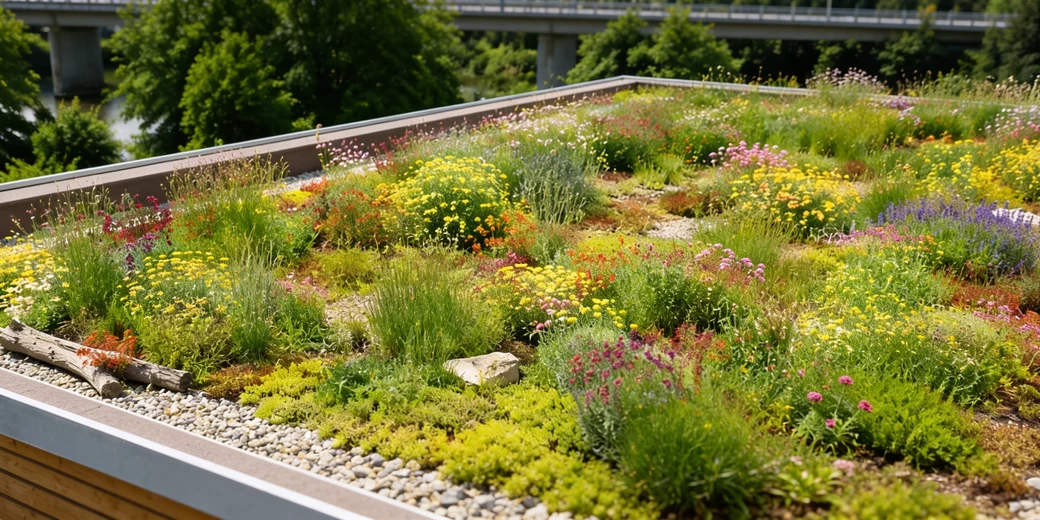 Blühendes Sedum-Dach mit Gräsern und Wildblumen als extensive Dachbegrünung