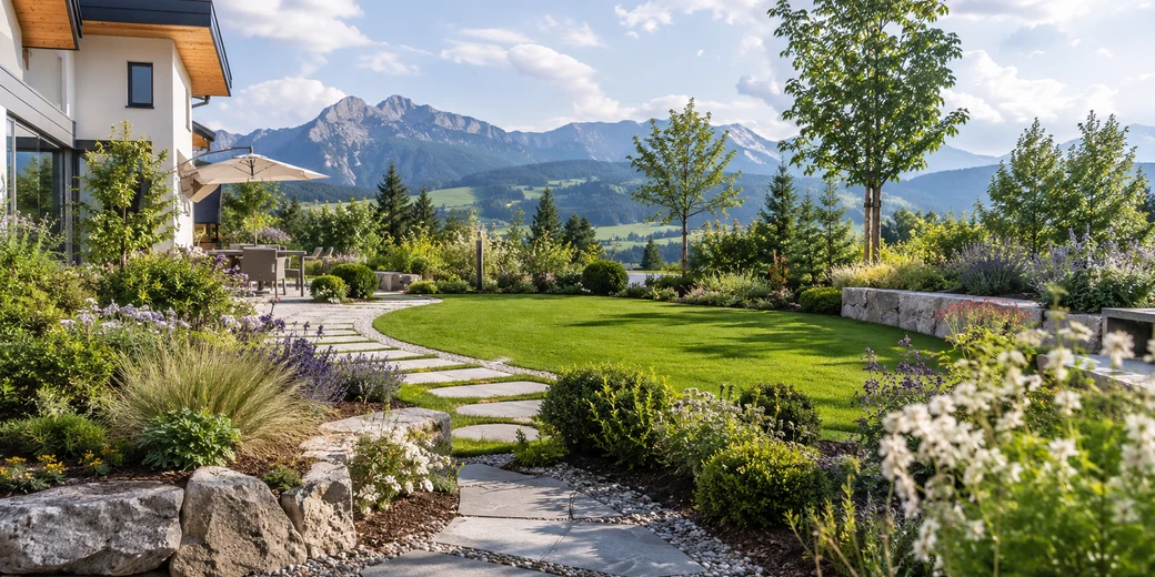 Angelegter Garten mit Natursteinweg and Staudenbeeten vor Allgäuer Bergkulisse