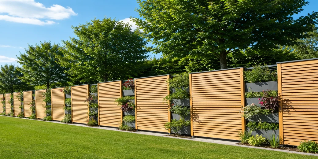 Geschnittene Hecke mit Gabionen-Säulen als Sichtschutz und Zaunanlage