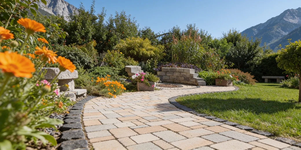 Verlegen von grauem Betonpflaster für einen geschwungenen Gartenweg