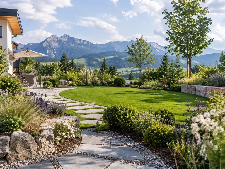 Angelegter Garten mit Natursteinweg and Staudenbeeten vor Allgäuer Bergkulisse