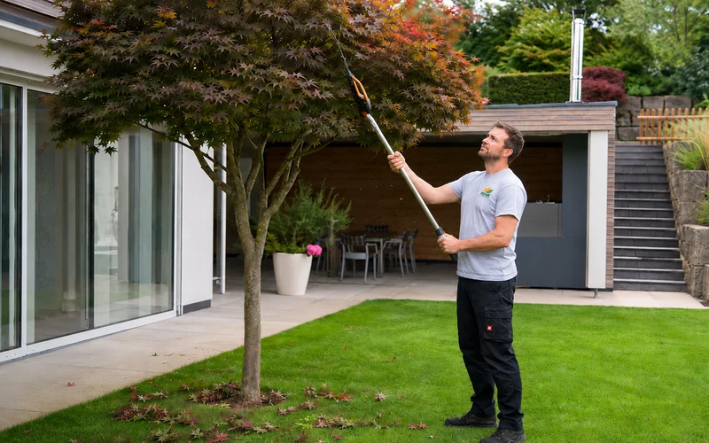 Kronenschnitt eines Zierbaums mit der Teleskopschere im gepflegten Garten
