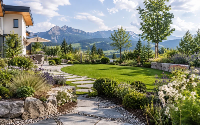 Angelegter Garten mit Natursteinweg und Staudenbeeten vor Allgäuer Bergkulisse