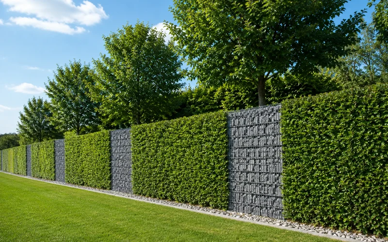 Geschnittene Hecke mit Gabionen-Säulen als Sichtschutz und Zaunanlage