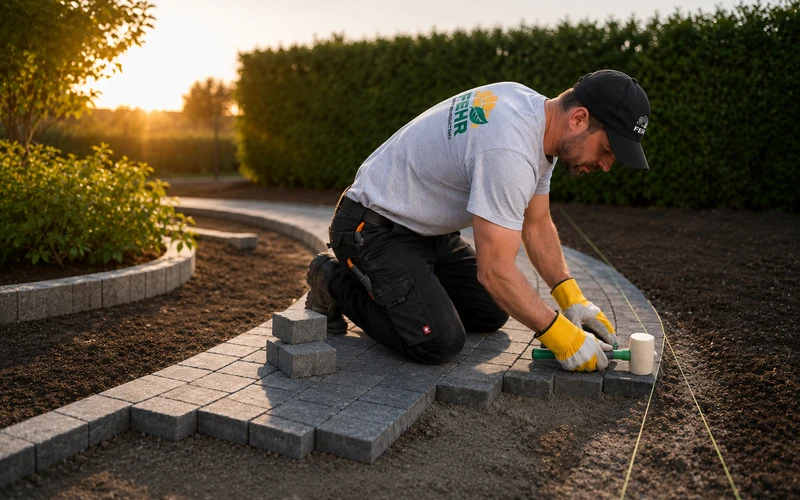 Verlegen von grauem Betonpflaster für einen geschwungenen Gartenweg